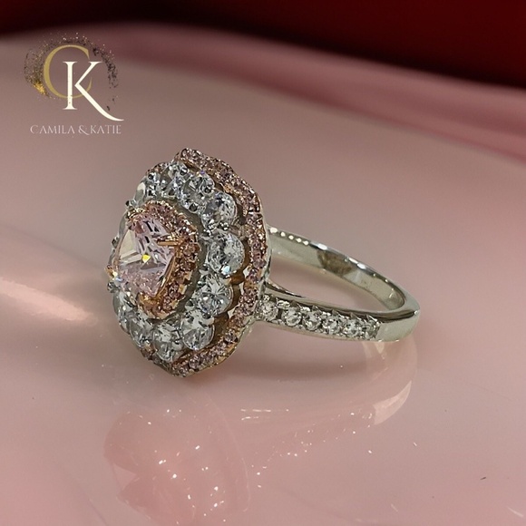 Pink Flower Lab Diamond Engagement Ring - Pink Lab Diamond Cocktail Ring - Picture 3 of 5